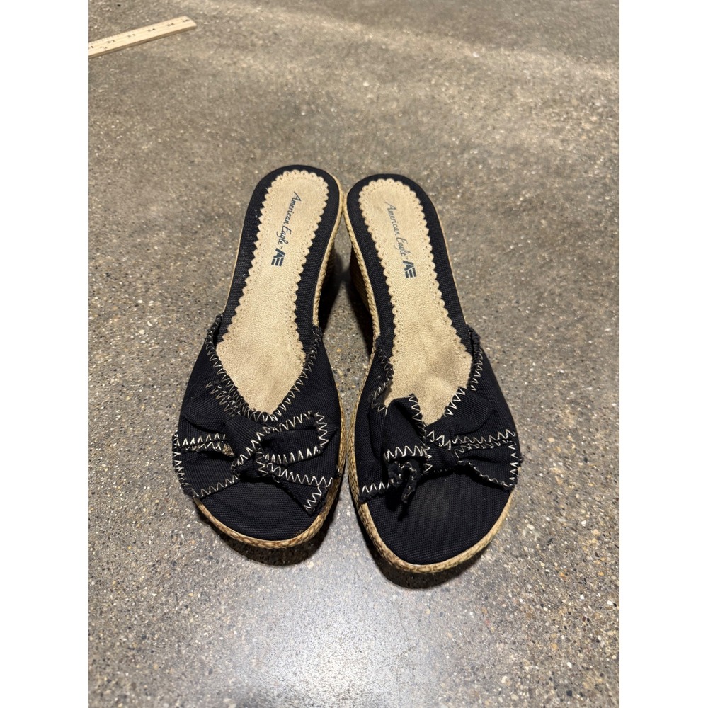American Eagle‎ Black Canvas Bow Espadrille Wedge Sandals Womens 7.5 Slip On
